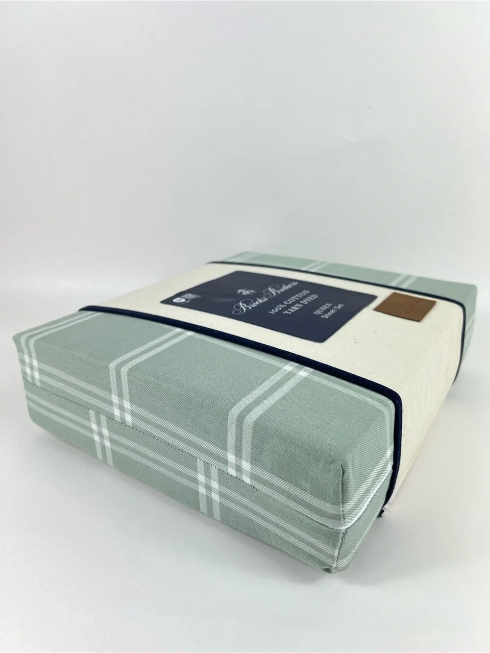 Brooks Brothers Queen Sheet Set Sage Green White Plaid 100% Cotton 4 Pc NEW
